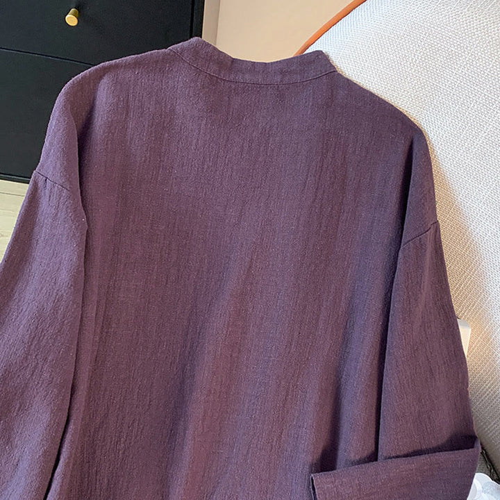 Camicia casual da donna in cotone e lino, a maniche lunghe, con colletto rialzato, abbottonatura a rana, modello Buddha Stones - image 7