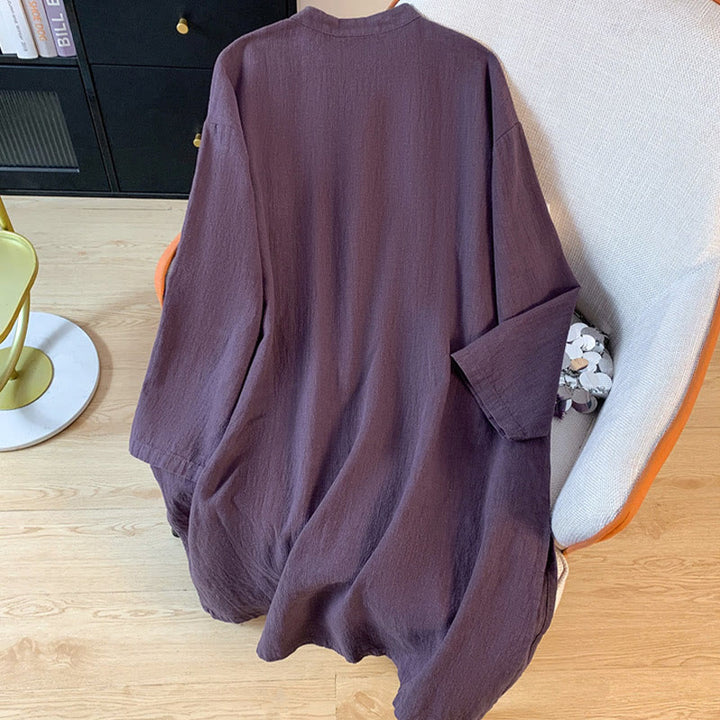 Camicia casual da donna in cotone e lino, a maniche lunghe, con colletto rialzato, abbottonatura a rana, modello Buddha Stones - image 2