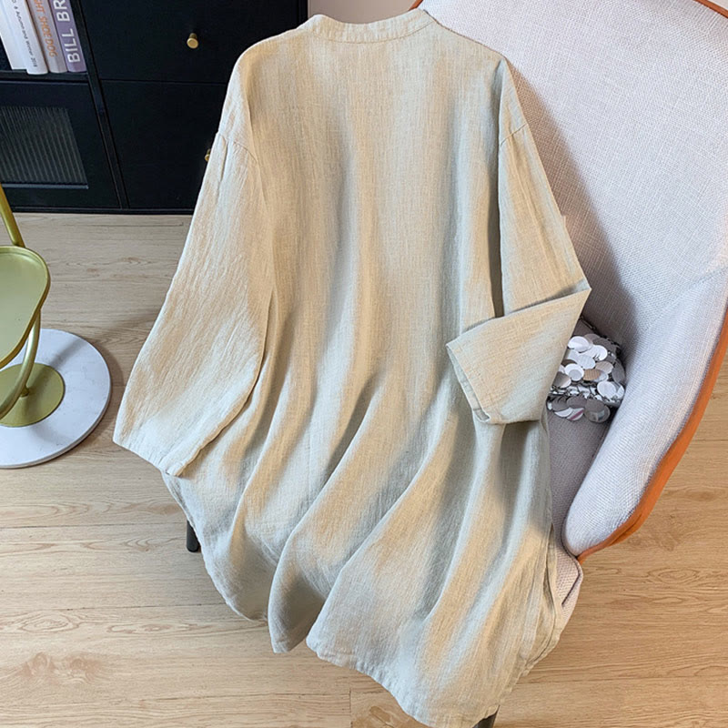 Camicia casual da donna in cotone e lino, a maniche lunghe, con colletto rialzato, abbottonatura a rana, modello Buddha Stones - image 12