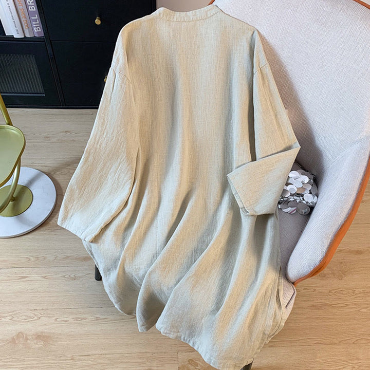 Camicia casual da donna in cotone e lino, a maniche lunghe, con colletto rialzato, abbottonatura a rana, modello Buddha Stones - image 12