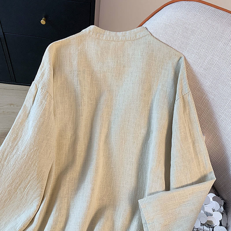 Camicia casual da donna in cotone e lino, a maniche lunghe, con colletto rialzato, abbottonatura a rana, modello Buddha Stones - image 13