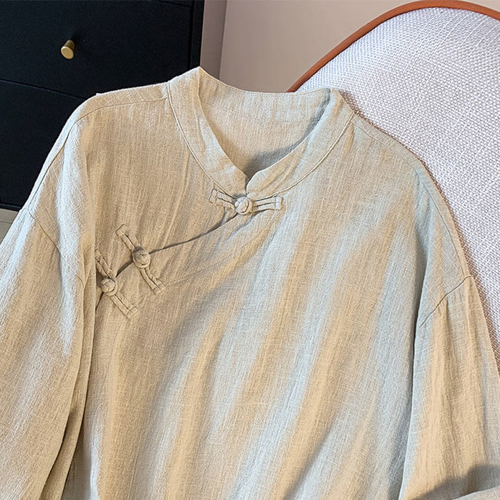Camicia casual da donna in cotone e lino, a maniche lunghe, con colletto rialzato, abbottonatura a rana, modello Buddha Stones - image 14