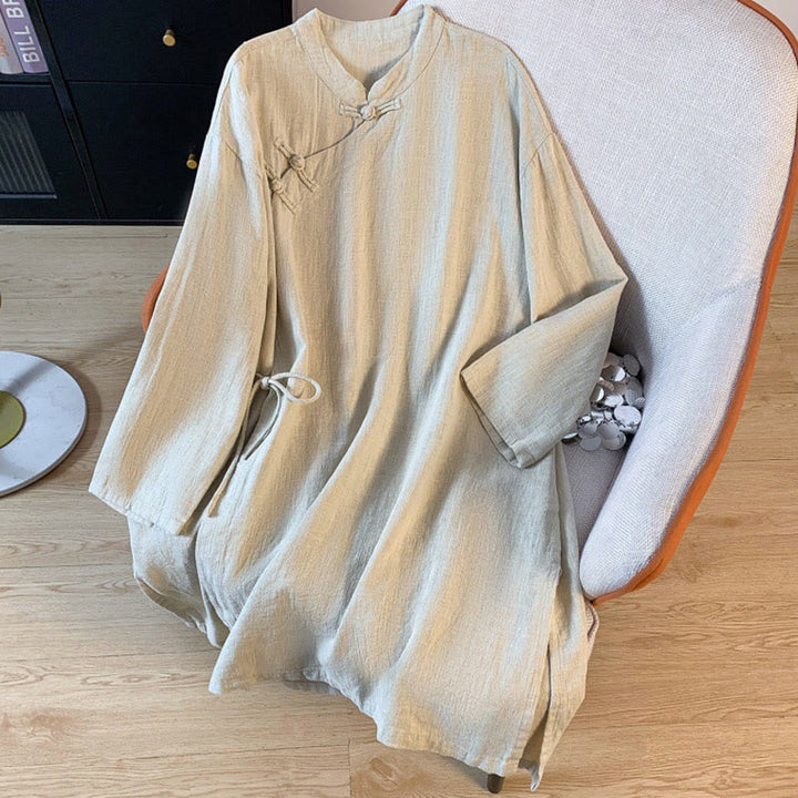 Camicia casual da donna in cotone e lino, a maniche lunghe, con colletto rialzato, abbottonatura a rana, modello Buddha Stones - Beige - US8-10, UK/AU12-14, EU40-42 (2XL) - image 11