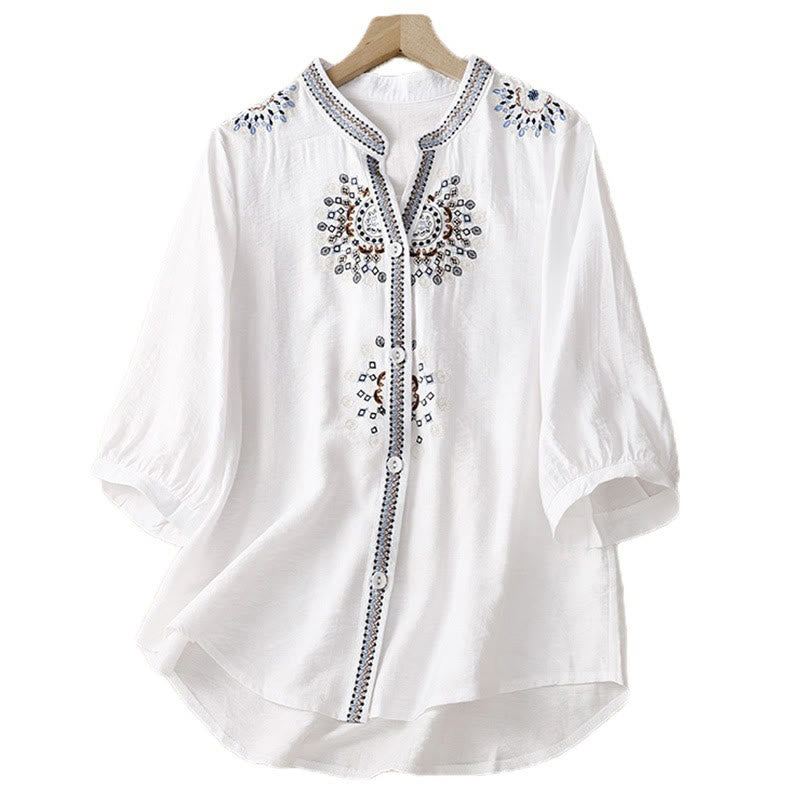 Camicia casual da donna in cotone e lino con scollo a V e maniche corte, motivo a fiori ricamati in Boemia, motivo Buddha Stones - image 1