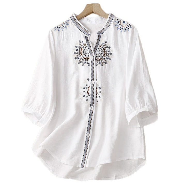 Camicia casual da donna in cotone e lino con scollo a V e maniche corte, motivo a fiori ricamati in Boemia, motivo Buddha Stones - image 1