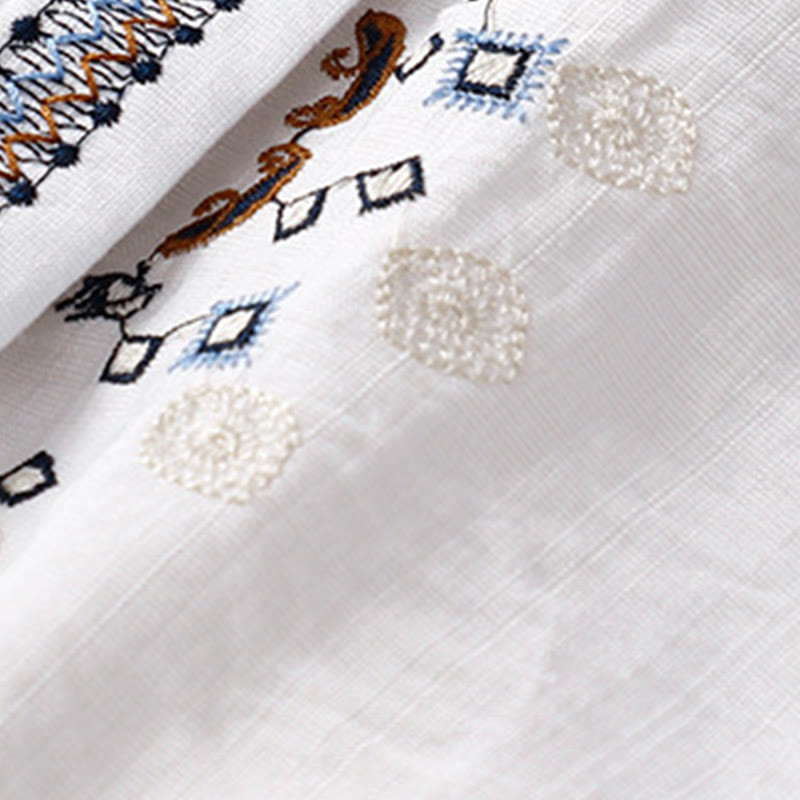 Camicia casual da donna in cotone e lino con scollo a V e maniche corte, motivo a fiori ricamati in Boemia, motivo Buddha Stones - image 4