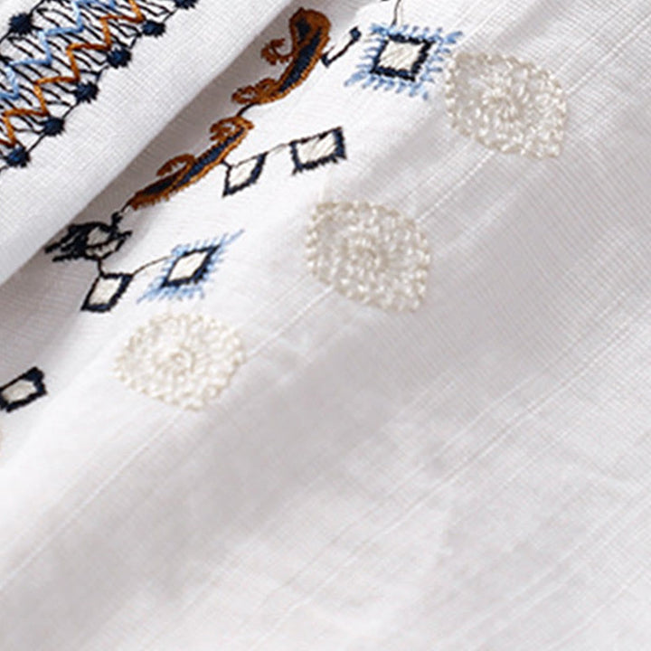 Camicia casual da donna in cotone e lino con scollo a V e maniche corte, motivo a fiori ricamati in Boemia, motivo Buddha Stones - image 4