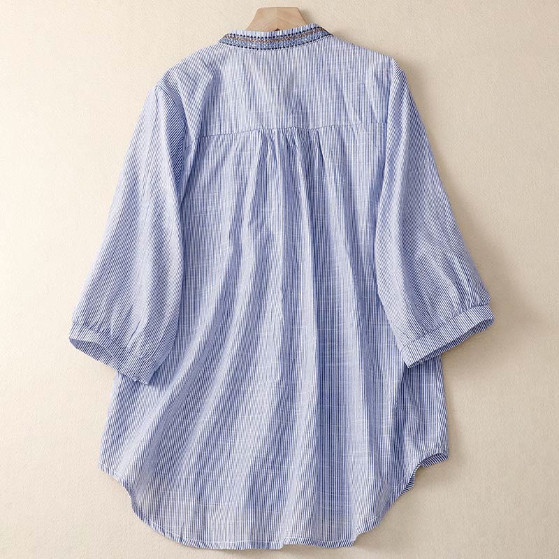 Camicia casual da donna in cotone e lino con scollo a V e maniche corte, motivo a fiori ricamati in Boemia, motivo Buddha Stones - image 6