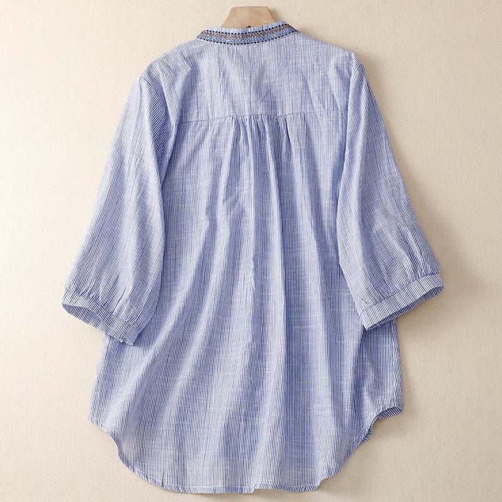 Camicia casual da donna in cotone e lino con scollo a V e maniche corte, motivo a fiori ricamati in Boemia, motivo Buddha Stones - image 6