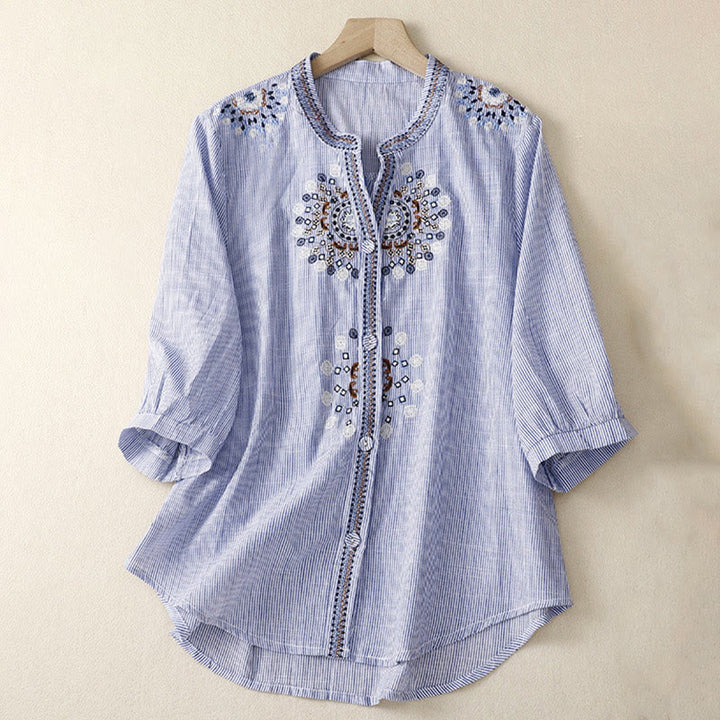 Camicia casual da donna in cotone e lino con scollo a V e maniche corte, motivo a fiori ricamati in Boemia, motivo Buddha Stones - FiordalisoBlu - US8-10, UK/AU12-14, EU40-42 (2XL) - image 5