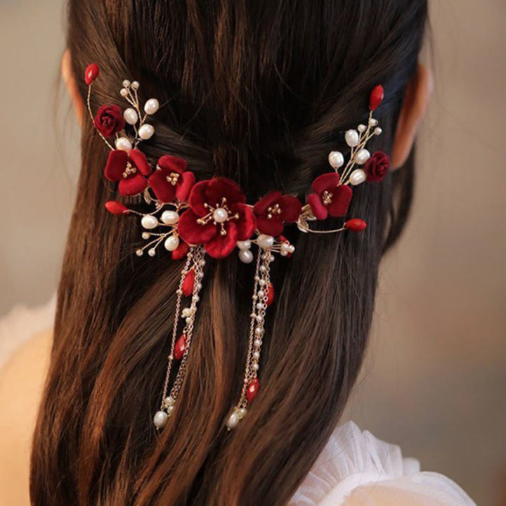 Fermaglio per capelli con rosa rossa da sposa cinese orientale da sposa Buddha Stones