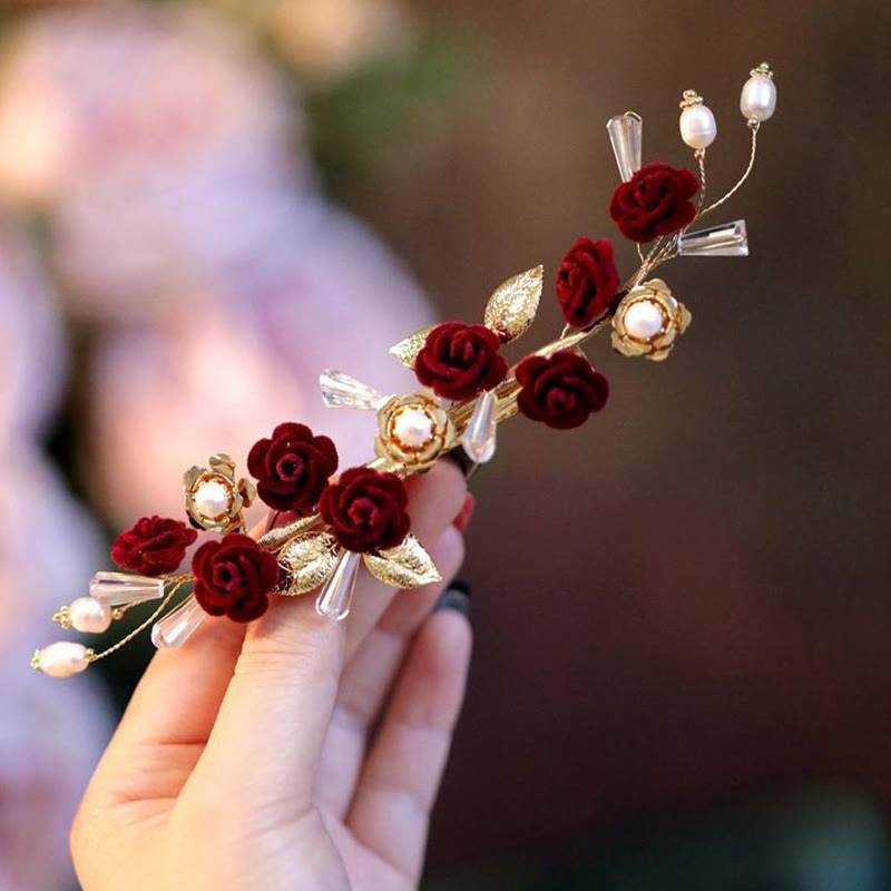 Fermaglio per capelli con rosa rossa da sposa cinese orientale da sposa Buddha Stones