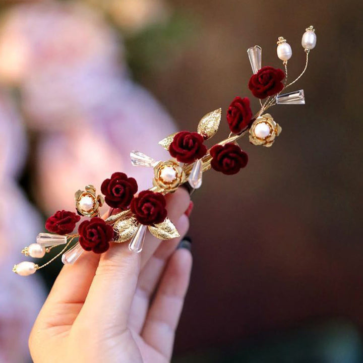 Fermaglio per capelli con rosa rossa da sposa cinese orientale da sposa Buddha Stones