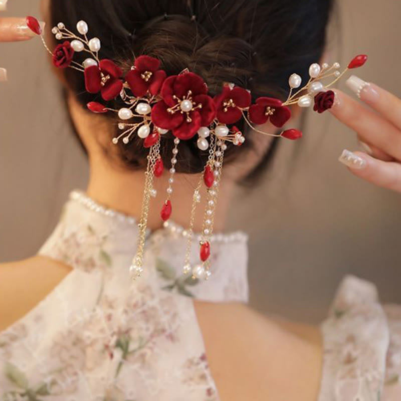 Fermaglio per capelli con rosa rossa da sposa cinese orientale da sposa Buddha Stones