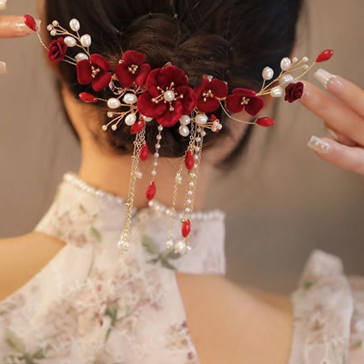 Fermaglio per capelli con rosa rossa da sposa cinese orientale da sposa Buddha Stones