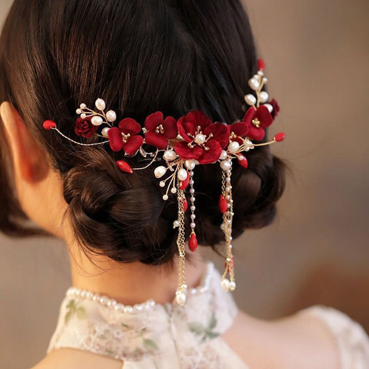 Fermaglio per capelli con rosa rossa da sposa cinese orientale da sposa Buddha Stones