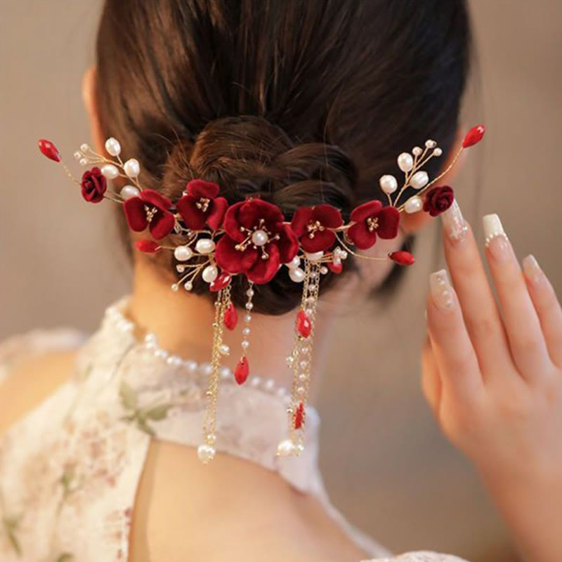 Fermaglio per capelli con rosa rossa da sposa cinese orientale da sposa Buddha Stones