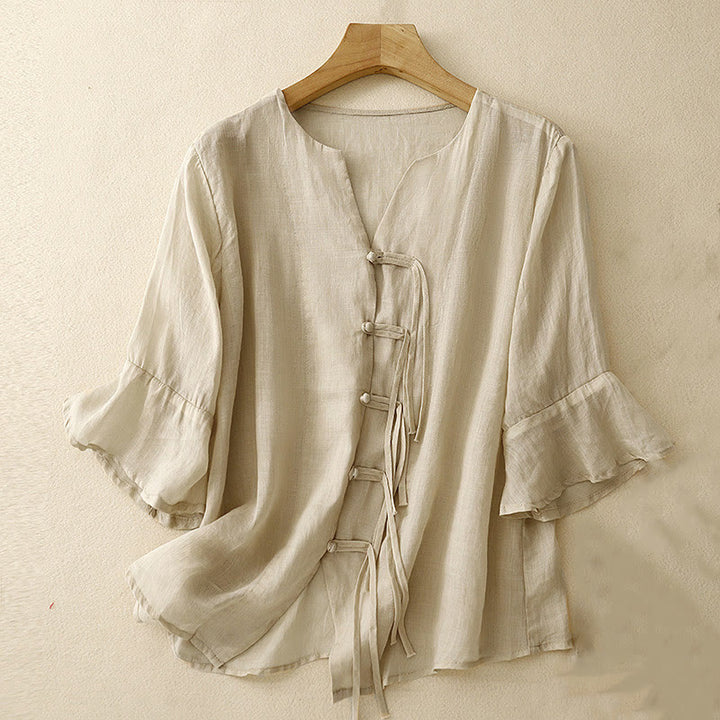Cardigan in lino e cotone con maniche a mezza campana e scollo a V da donna, casual, motivo Buddha Stones