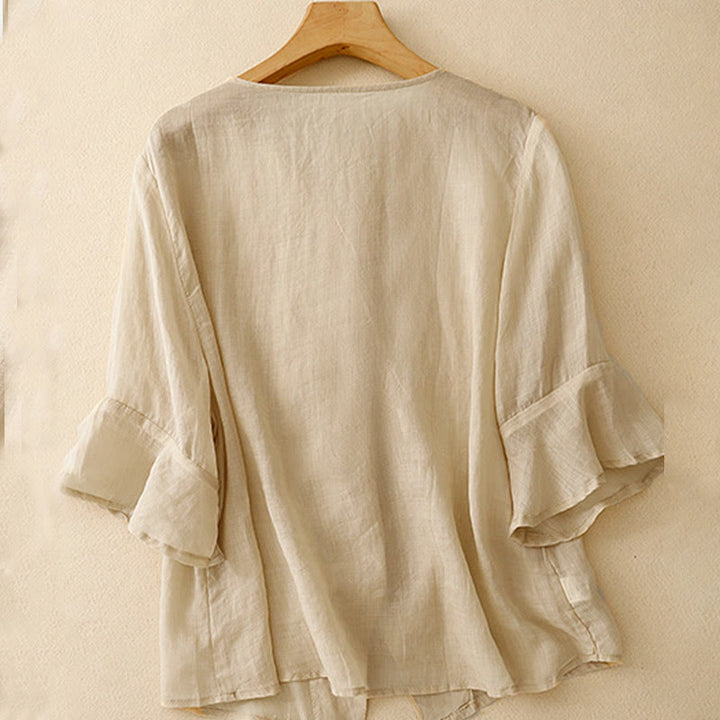Cardigan in lino e cotone con maniche a mezza campana e scollo a V da donna, casual, motivo Buddha Stones