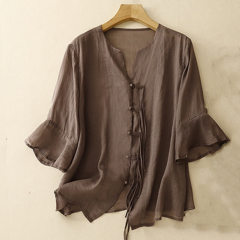 Cardigan in lino e cotone con maniche a mezza campana e scollo a V da donna, casual, motivo Buddha Stones