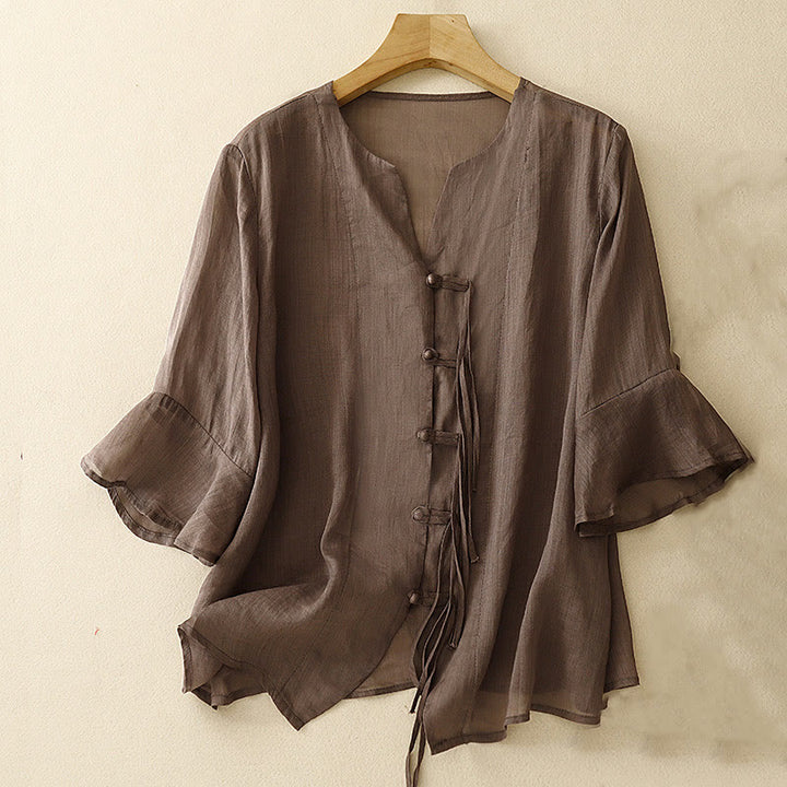 Cardigan in lino e cotone con maniche a mezza campana e scollo a V da donna, casual, motivo Buddha Stones
