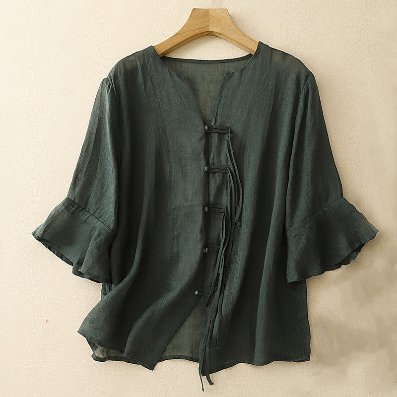 Cardigan in lino e cotone con maniche a mezza campana e scollo a V da donna, casual, motivo Buddha Stones
