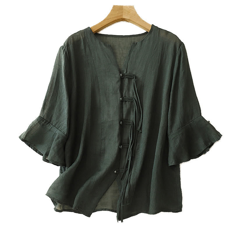 Cardigan in lino e cotone con maniche a mezza campana e scollo a V da donna, casual, motivo Buddha Stones