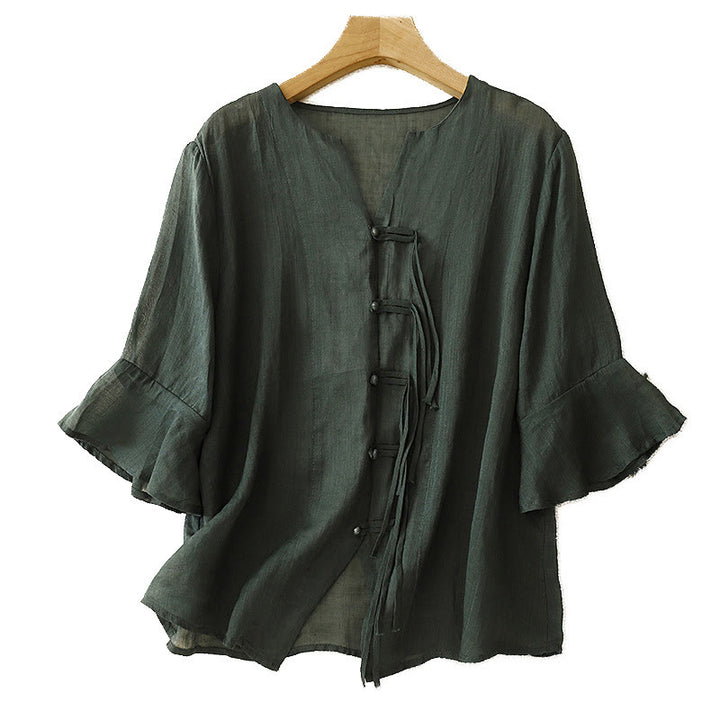 Cardigan in lino e cotone con maniche a mezza campana e scollo a V da donna, casual, motivo Buddha Stones