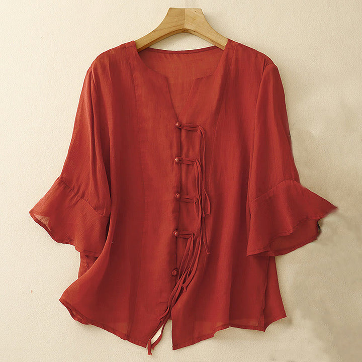 Cardigan in lino e cotone con maniche a mezza campana e scollo a V da donna, casual, motivo Buddha Stones