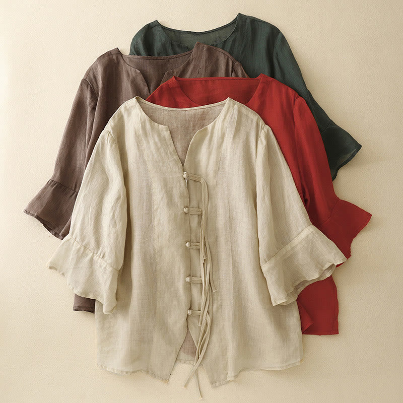 Cardigan in lino e cotone con maniche a mezza campana e scollo a V da donna, casual, motivo Buddha Stones