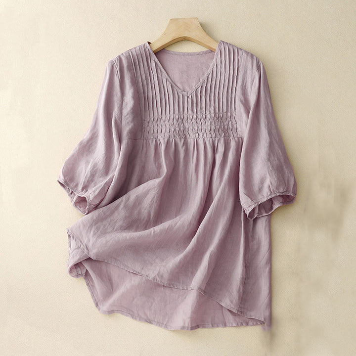 Camicia da donna in cotone a maniche corte, casual, ampia e semplice, con scollo a V e motivo Buddha Stones