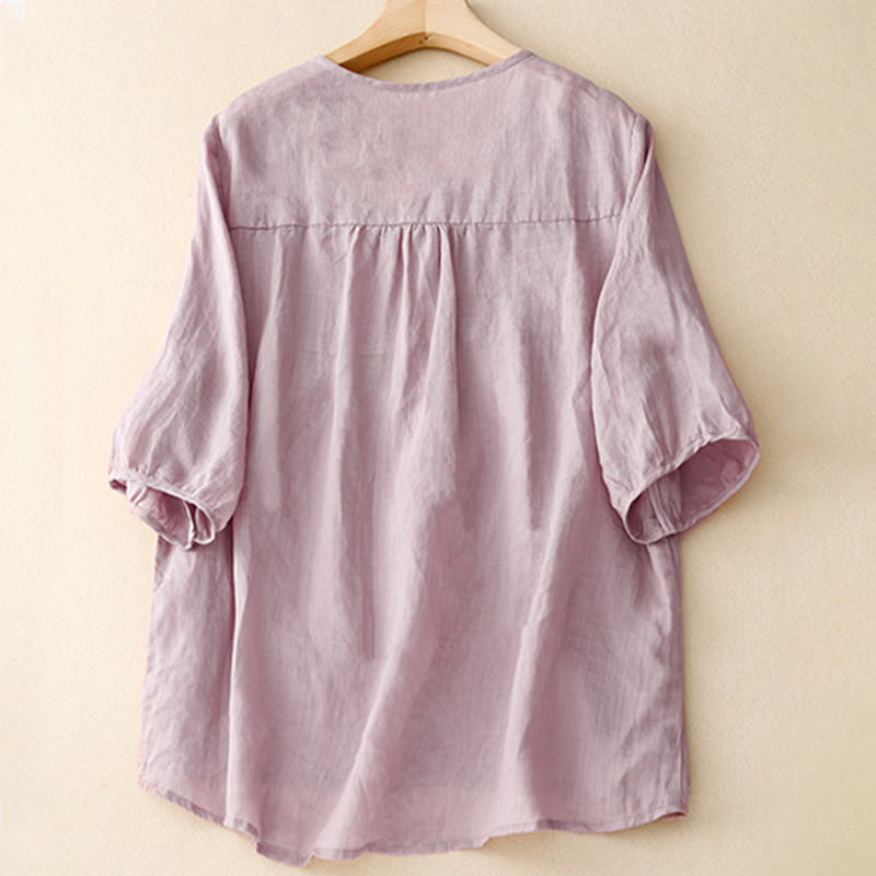 Camicia da donna in cotone a maniche corte, casual, ampia e semplice, con scollo a V e motivo Buddha Stones