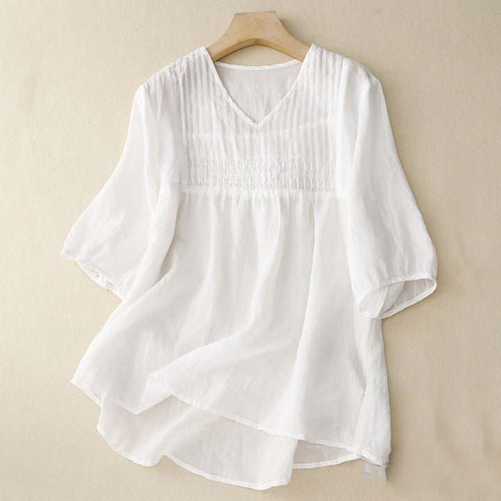 Camicia da donna in cotone a maniche corte, casual, ampia e semplice, con scollo a V e motivo Buddha Stones