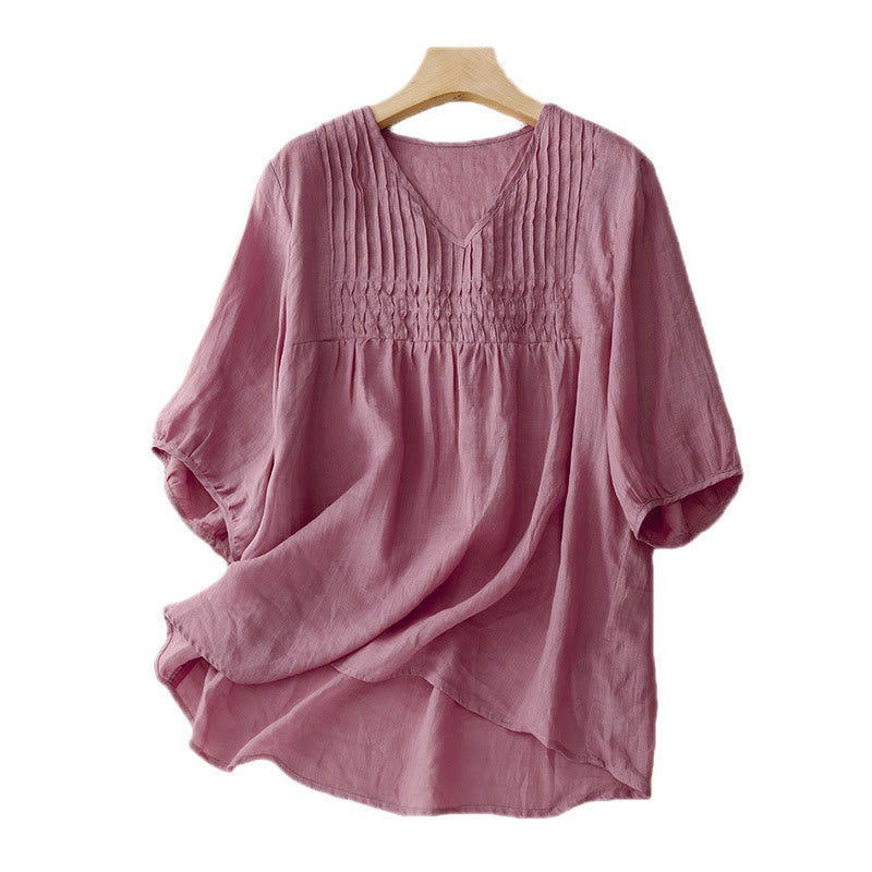 Camicia da donna in cotone a maniche corte, casual, ampia e semplice, con scollo a V e motivo Buddha Stones