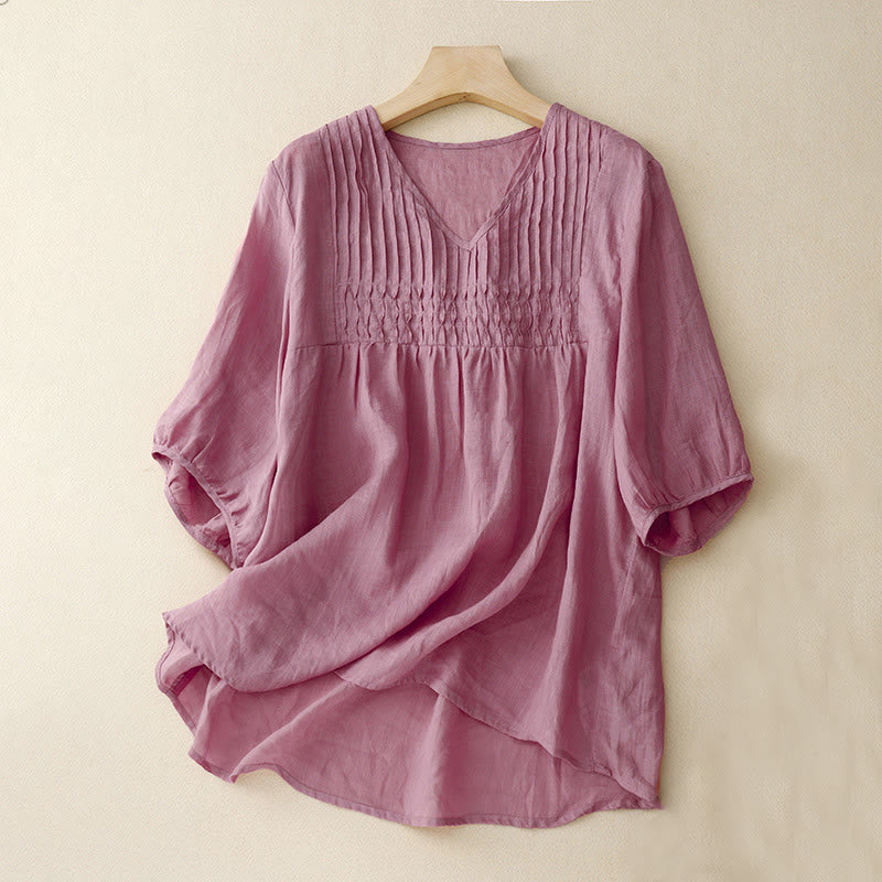 Camicia da donna in cotone a maniche corte, casual, ampia e semplice, con scollo a V e motivo Buddha Stones