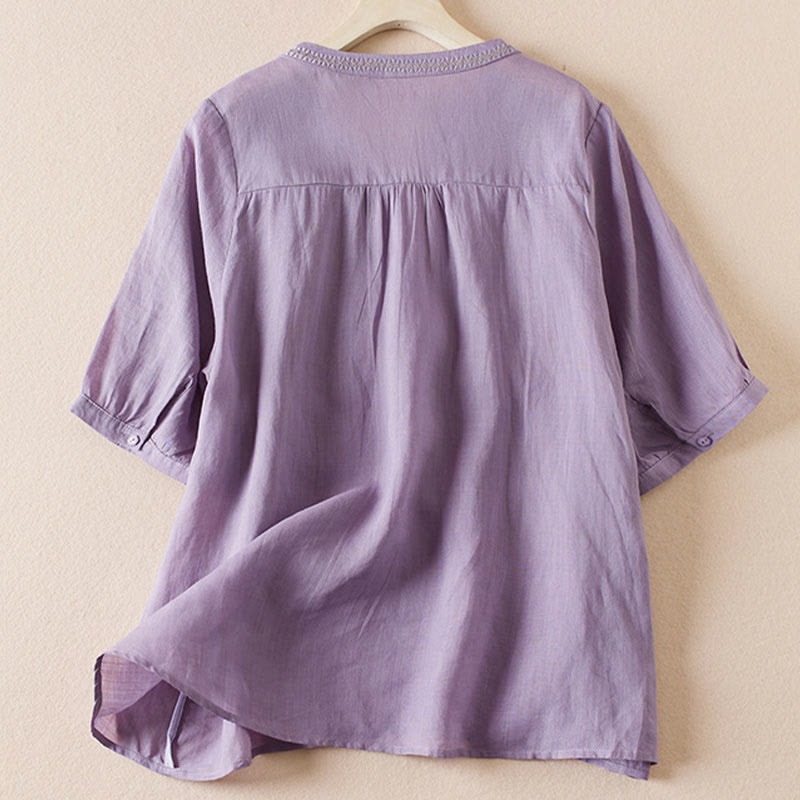 Camicia da donna in misto cotone con scollo a V, manica corta, motivo Buddha Stones Casual, ricamo di piante