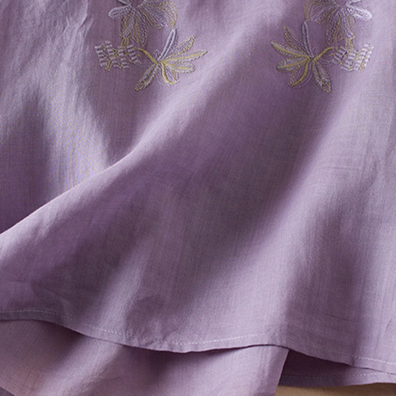 Camicia da donna in misto cotone con scollo a V, manica corta, motivo Buddha Stones Casual, ricamo di piante