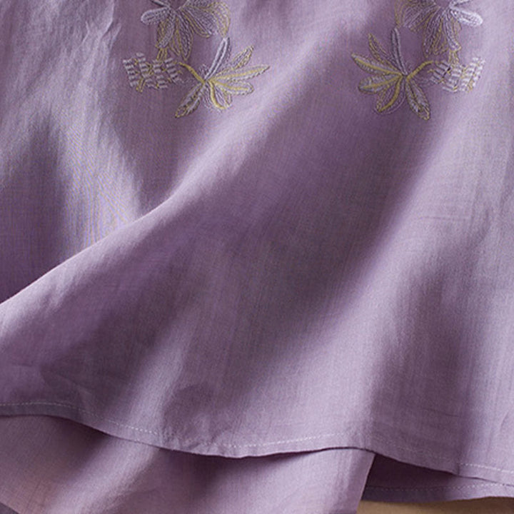Camicia da donna in misto cotone con scollo a V, manica corta, motivo Buddha Stones Casual, ricamo di piante