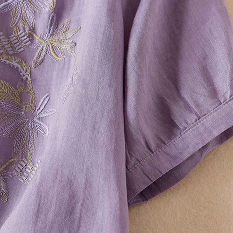Camicia da donna in misto cotone con scollo a V, manica corta, motivo Buddha Stones Casual, ricamo di piante