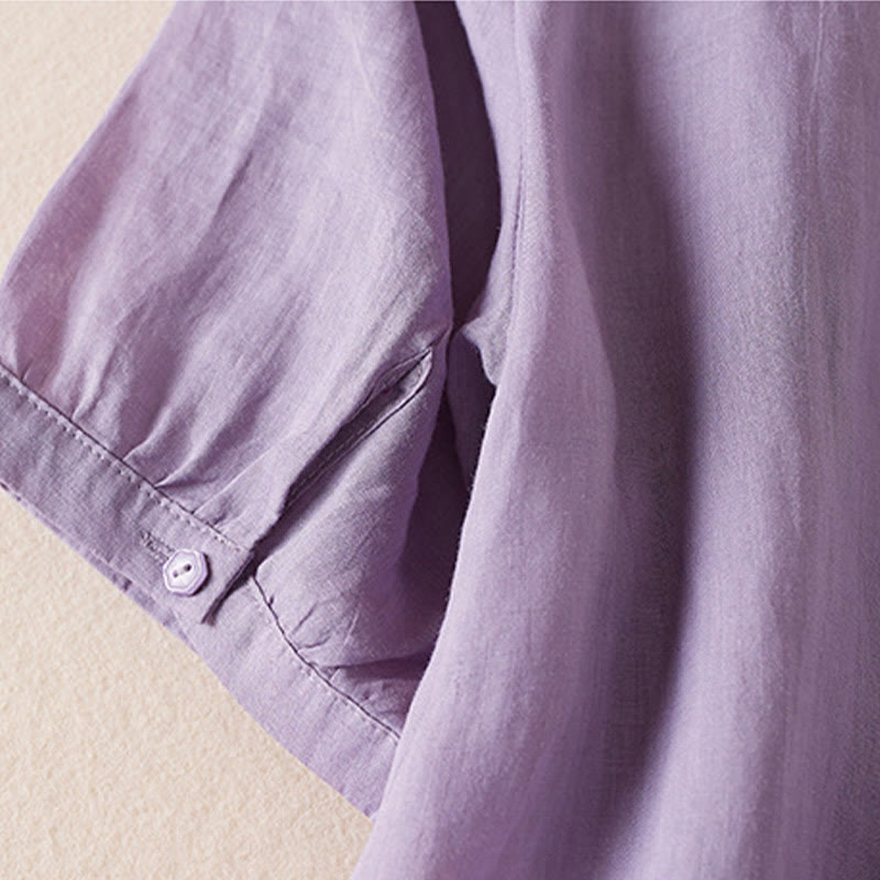Camicia da donna in misto cotone con scollo a V, manica corta, motivo Buddha Stones Casual, ricamo di piante
