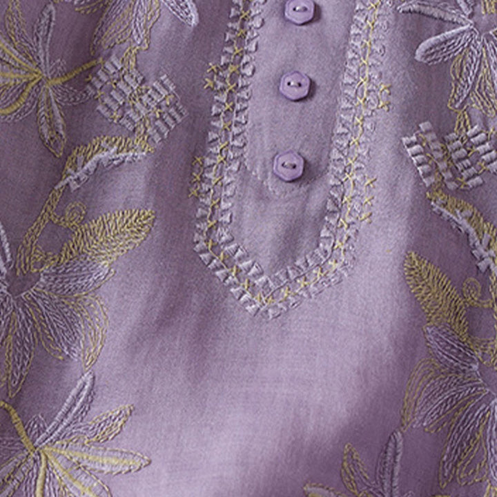 Camicia da donna in misto cotone con scollo a V, manica corta, motivo Buddha Stones Casual, ricamo di piante