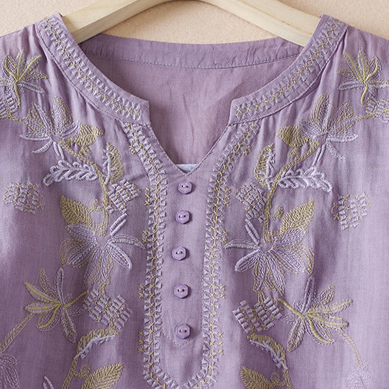 Camicia da donna in misto cotone con scollo a V, manica corta, motivo Buddha Stones Casual, ricamo di piante