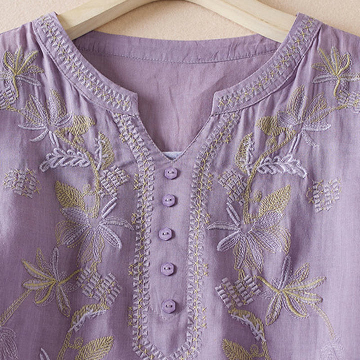 Camicia da donna in misto cotone con scollo a V, manica corta, motivo Buddha Stones Casual, ricamo di piante