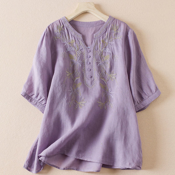 Camicia da donna in misto cotone con scollo a V, manica corta, motivo Buddha Stones Casual, ricamo di piante