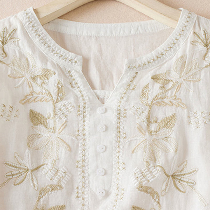 Camicia da donna in misto cotone con scollo a V, manica corta, motivo Buddha Stones Casual, ricamo di piante