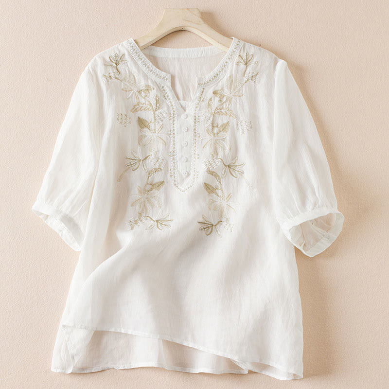Camicia da donna in misto cotone con scollo a V, manica corta, motivo Buddha Stones Casual, ricamo di piante