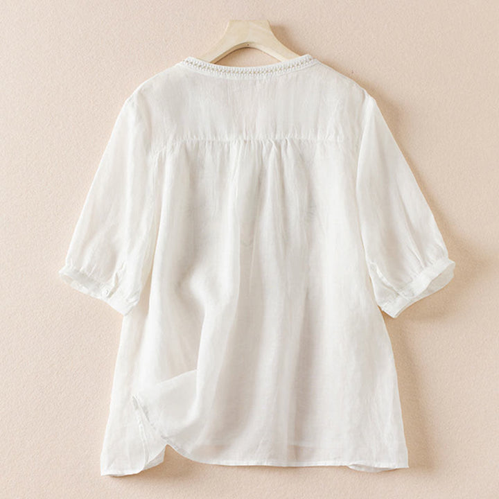 Camicia da donna in misto cotone con scollo a V, manica corta, motivo Buddha Stones Casual, ricamo di piante