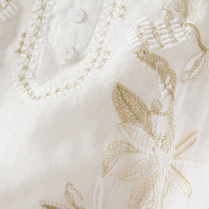 Camicia da donna in misto cotone con scollo a V, manica corta, motivo Buddha Stones Casual, ricamo di piante - image 11