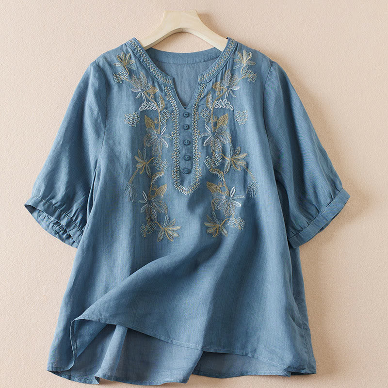 Camicia da donna in misto cotone con scollo a V, manica corta, motivo Buddha Stones Casual, ricamo di piante