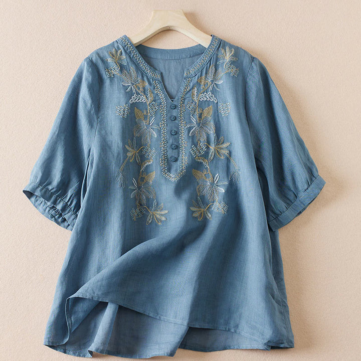 Camicia da donna in misto cotone con scollo a V, manica corta, motivo Buddha Stones Casual, ricamo di piante